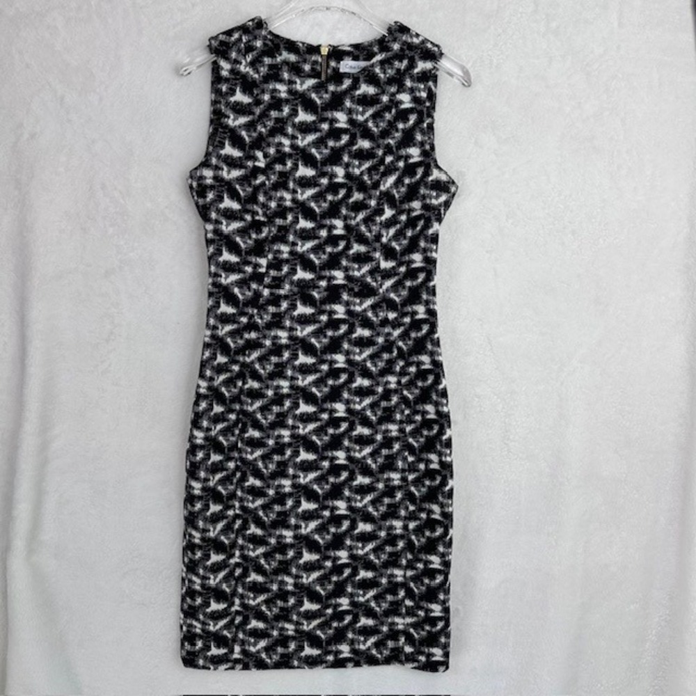 Calvin Klein Black White Abstract Print Sheath Dress‎ Sleeveless Zipper Size 8